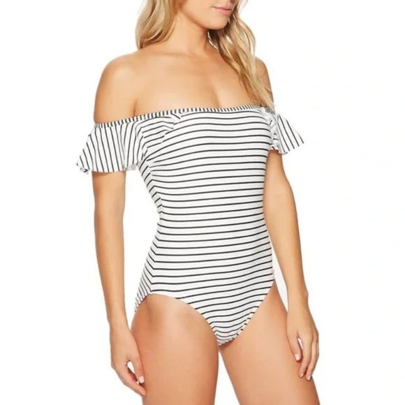 NWT Vince Camuto Ruffle Bandeau Striped One Piece Swimsuit - Size 10 - Picture 1 of 8